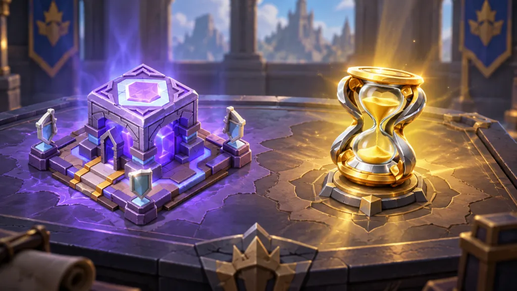 Lords Mobile Mana Chamber and hourglass artifact in an AI composition based on game references