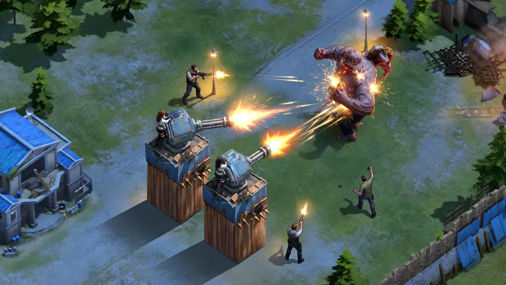Survivors and defensive turrets fight a mutant in Doomsday.
