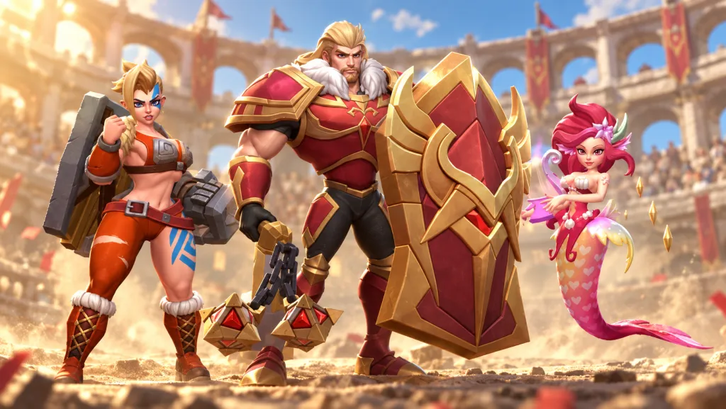 Lords Mobile heroes in an arena, based on an Army Colosseum screenshot
