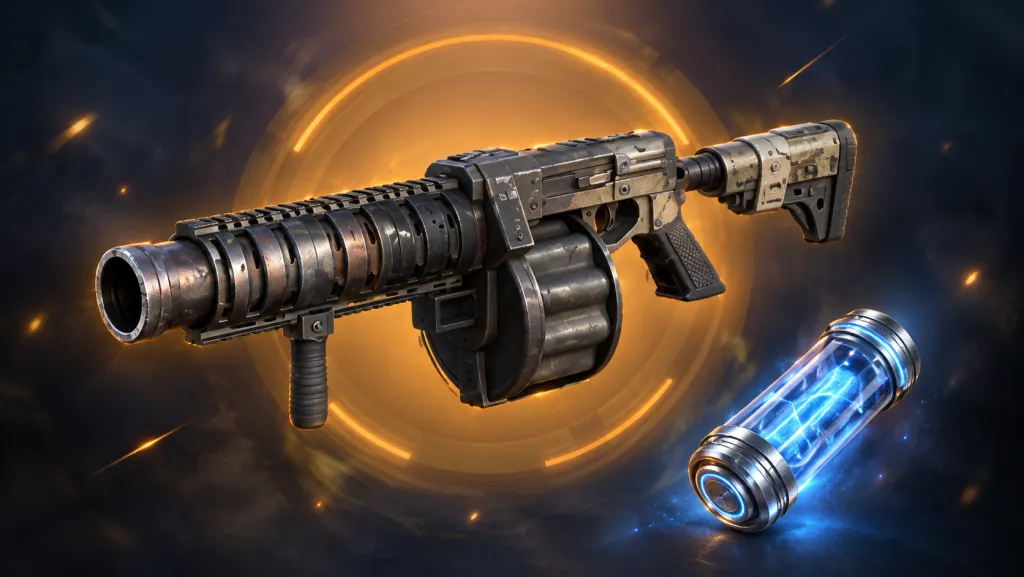 Doomsday grenade launcher and Nanocatalyst: an artistic adaptation of the Armament game screen.