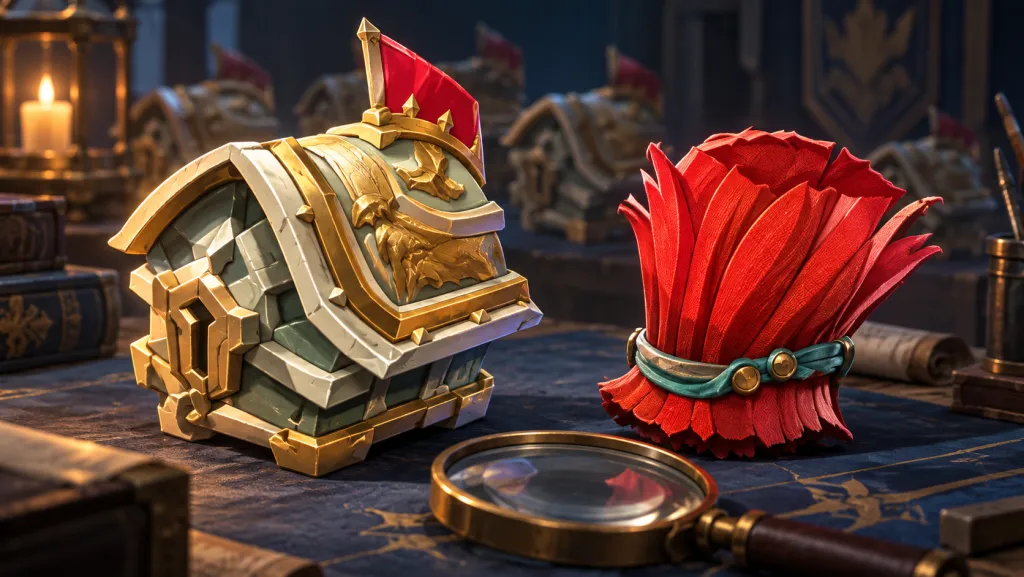 Champion Chest and red Crimson Mane on a researcher's desk, illustrated from game items