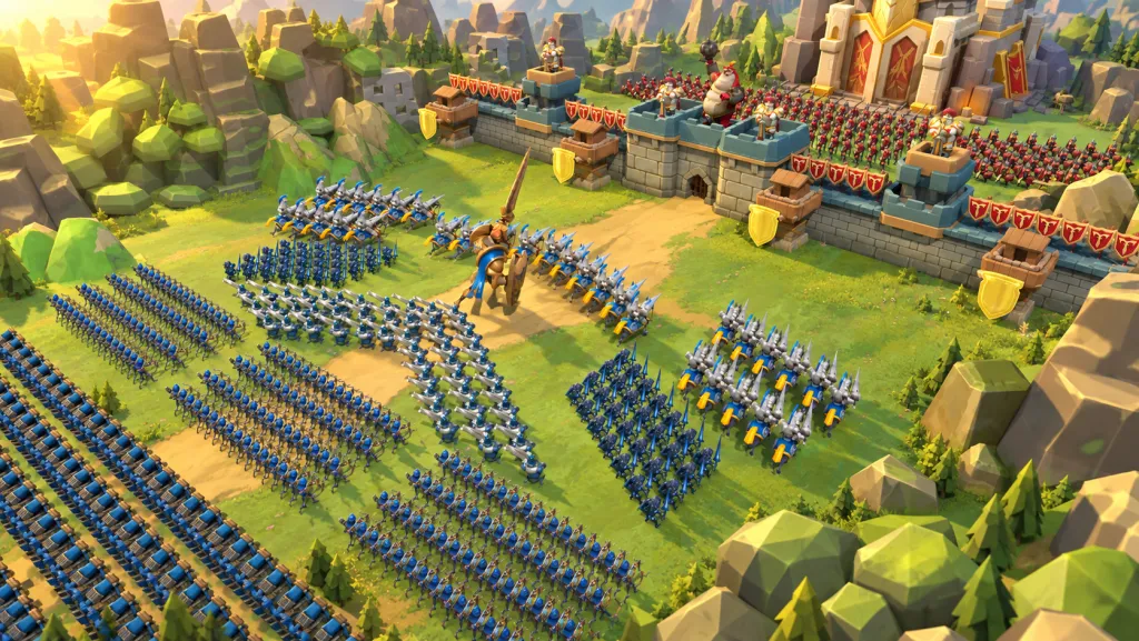 Lords Mobile troops outside a fortified Castle