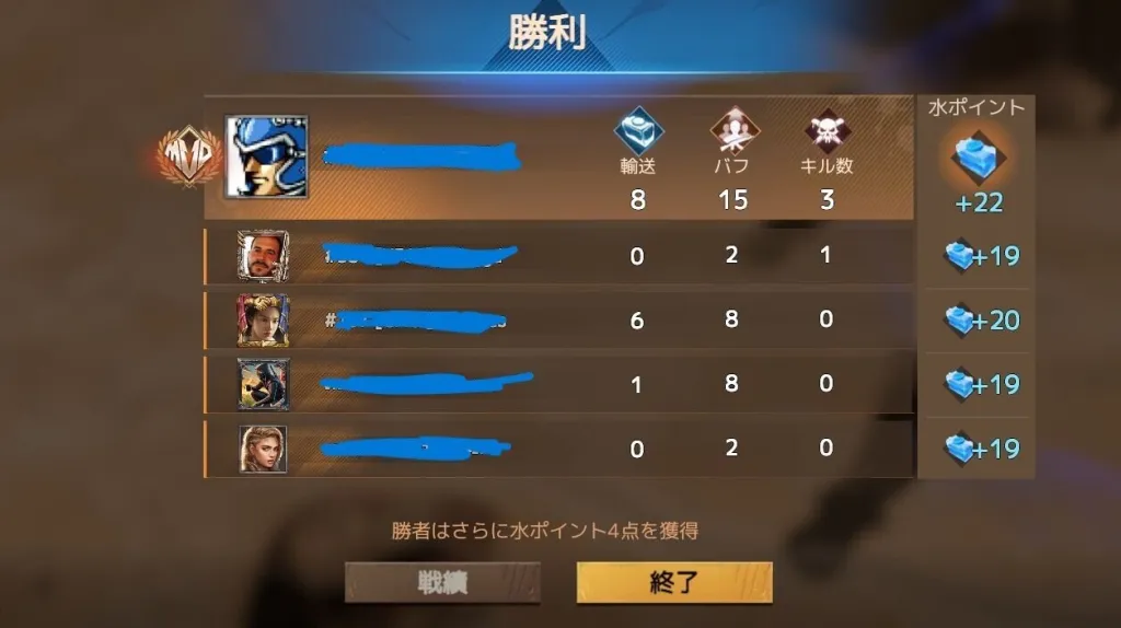 Winning Water War results table, with separate columns for deliveries, buffs and kills.