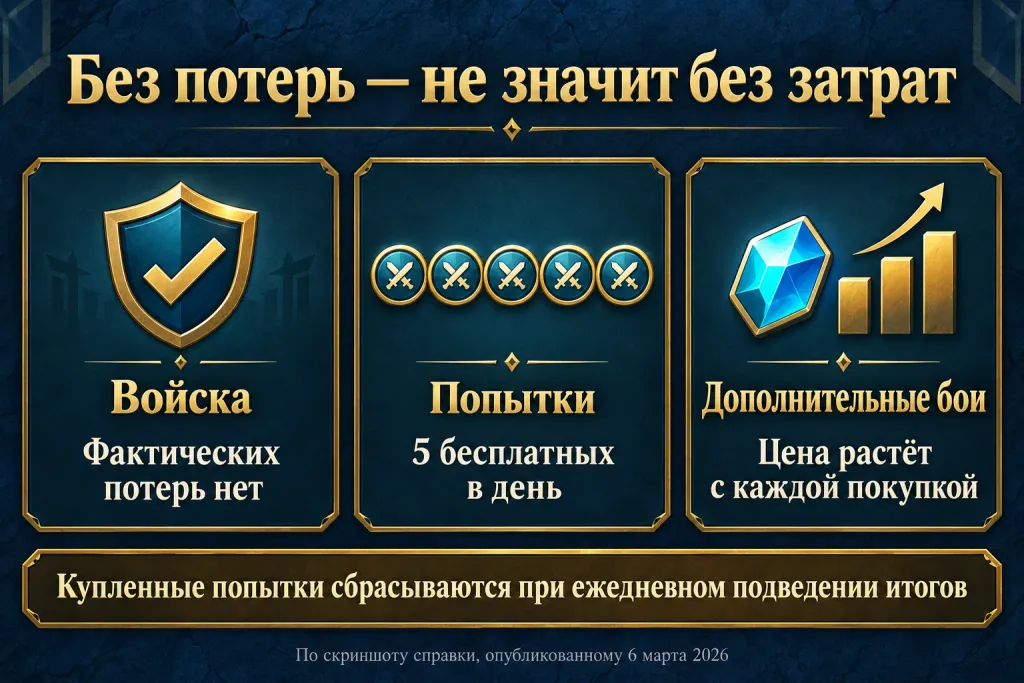 Russian editorial Army Colosseum diagram: no troop losses, five free daily entries, rising extra-entry prices and a daily reset