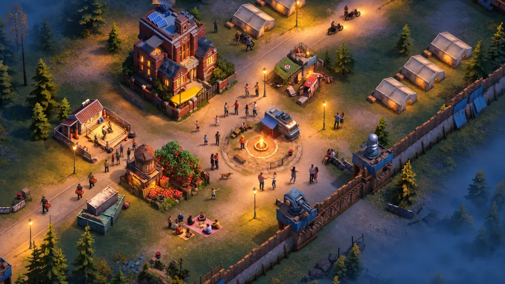 A Doomsday Shelter at dusk, with headquarters, a campfire, tents and residents.