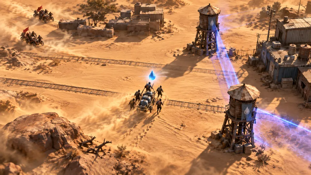 Water being delivered to a blue base boundary in the Water War desert: an AI illustration based on a game frame.