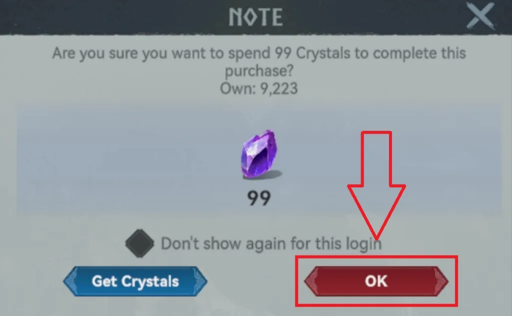 IGG help illustration confirming a 99-Crystal purchase with Own: 9,223 and a current-login checkbox