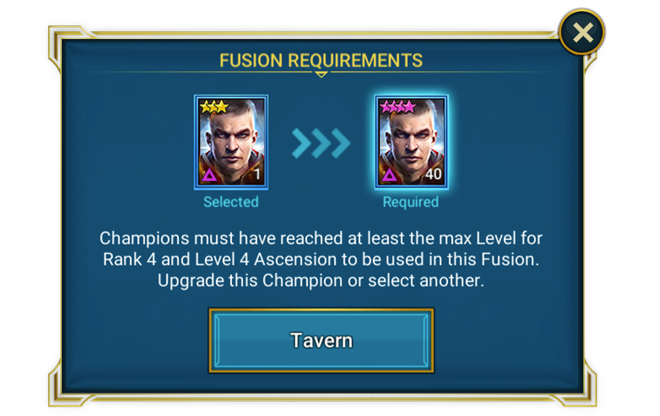 Официальный пример Fusion Requirements: выбранный герой не соответствует рангу, уровню и Развитию.