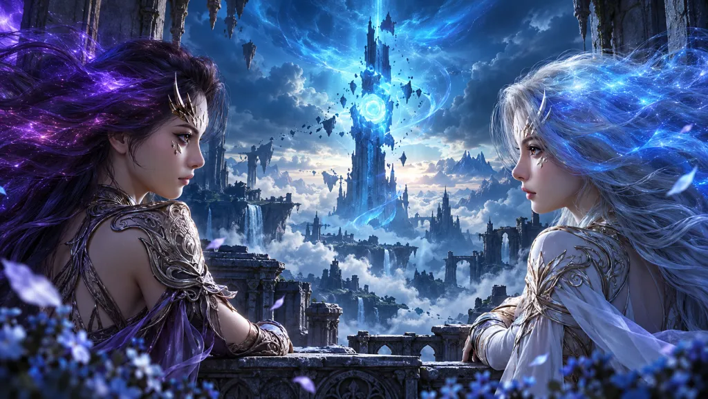 Two AION 2 heroines facing a ruined, glowing tower