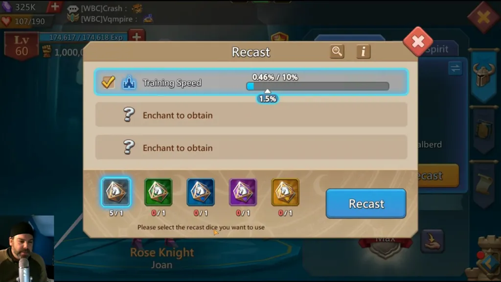 Recast в Lords Mobile: выбран Training Speed 0,46% / 10%, запас обычных кубиков 5/1