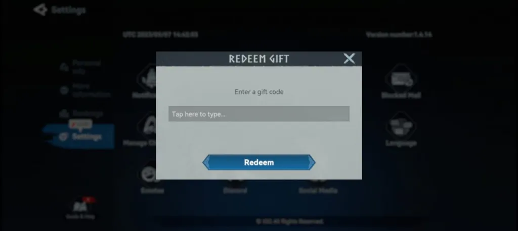 Оригинальный диалог Redeem Gift: поле для подарочного кода и кнопка Redeem