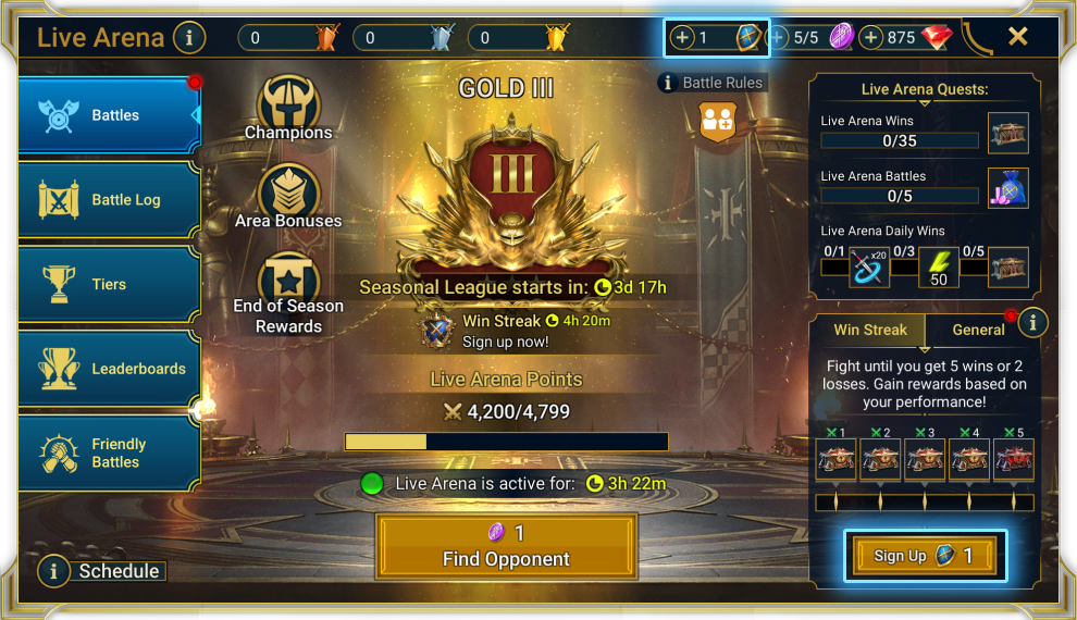 Live-Арена RAID: справа кнопка Sign Up за Билет серии, в центре отдельная Find Opponent за Жетон Арены.
