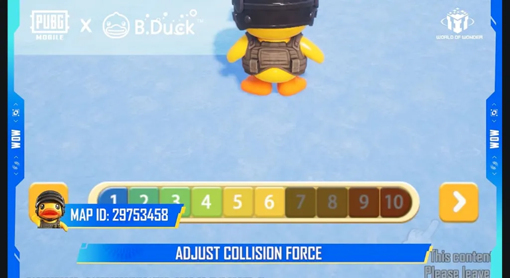 Оригинальный экран B.Duck Knock Out: ADJUST COLLISION FORCE и шкала от 1 до 10