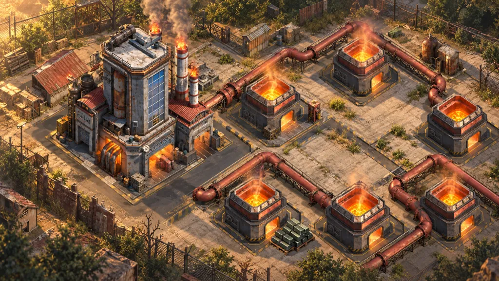 Перерабатывающий завод Doomsday: серая промышленная башня, красные трубы и открытые печи. ИИ-иллюстрация по игровому референсу.