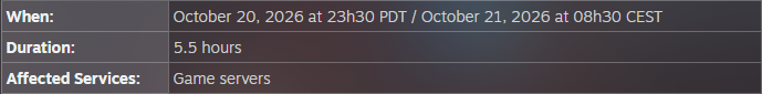 NC maintenance table: October 21 start at 08:30 CEST and planned duration of 5.5 hours