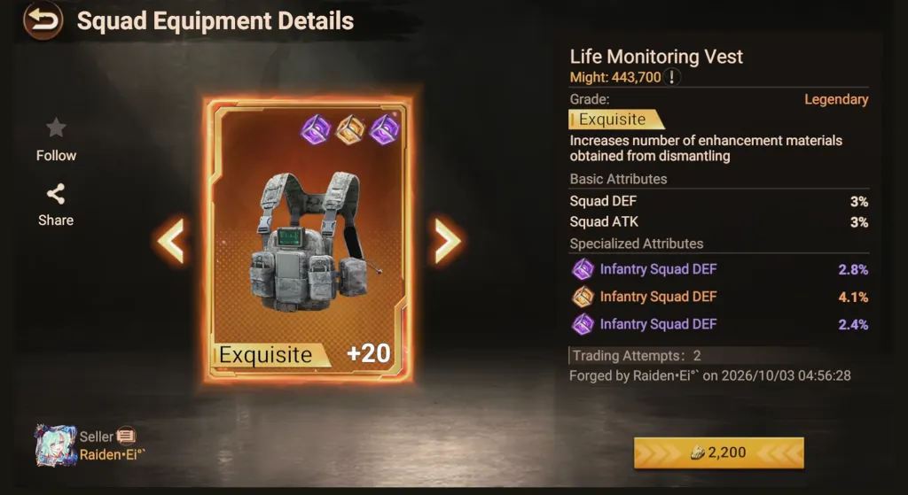 Карточка Life Monitoring Vest +20: Trading Attempts 2, три бонуса защиты пехоты и цена 2 200 Gold.