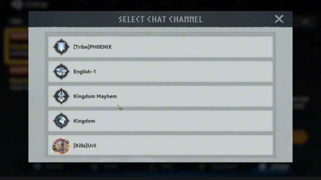 Select Chat Channel: выбор племенного, общего и других доступных чатов