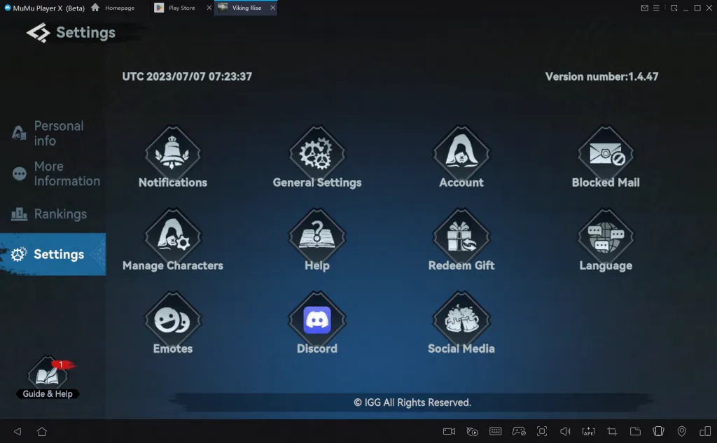 Оригинальный экран настроек Viking Rise: слева Settings, в сетке Redeem Gift с подарком