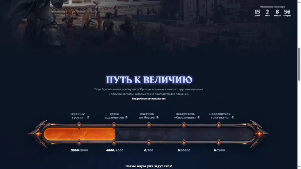 Общий прогресс Пути к величию: Герой 110 уровня 5000 из 5000, Гроза подземелий 4000 из 4000