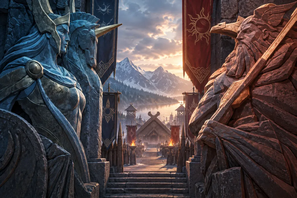 Две каменные фигуры Viking Rise по сторонам прохода к лагерю: холодная синяя и тёплая красно-коричневая