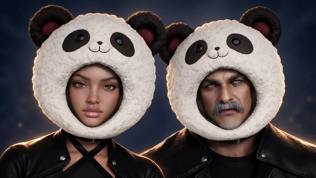 Beyaz pelüş Chubby Panda başlıkları takan iki AION 2 karakteri