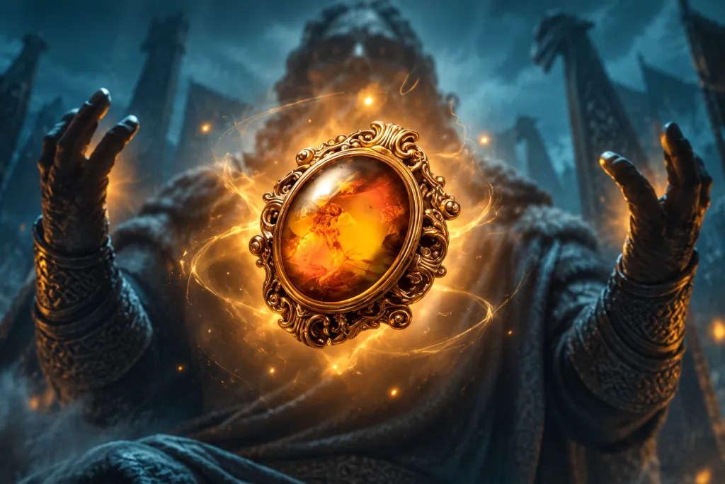 Оранжевый Frigg’s Agate в узорной золотой оправе на холодном синем фоне Viking Rise