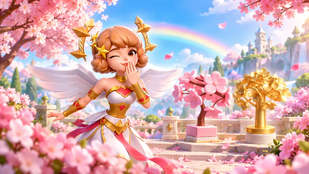Крылатая героиня Lords Mobile рядом с розовым и золотым цветущими деревьями