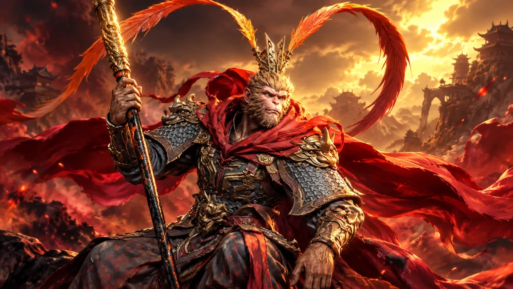 Сунь Укун из Watcher of Realms с золотым посохом и красным плащом