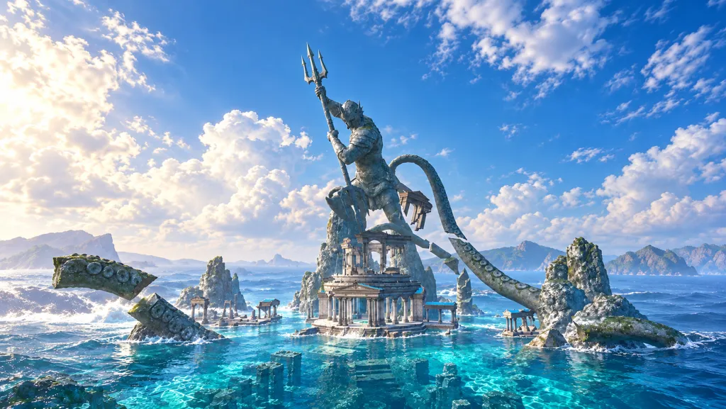 Каменная статуя с трезубцем над руинами Ocean Palace и морем