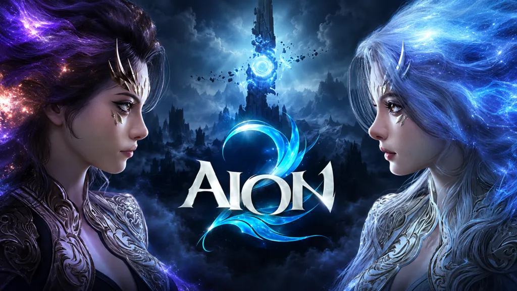 Два персонажа AION 2 по сторонам сияющей башни