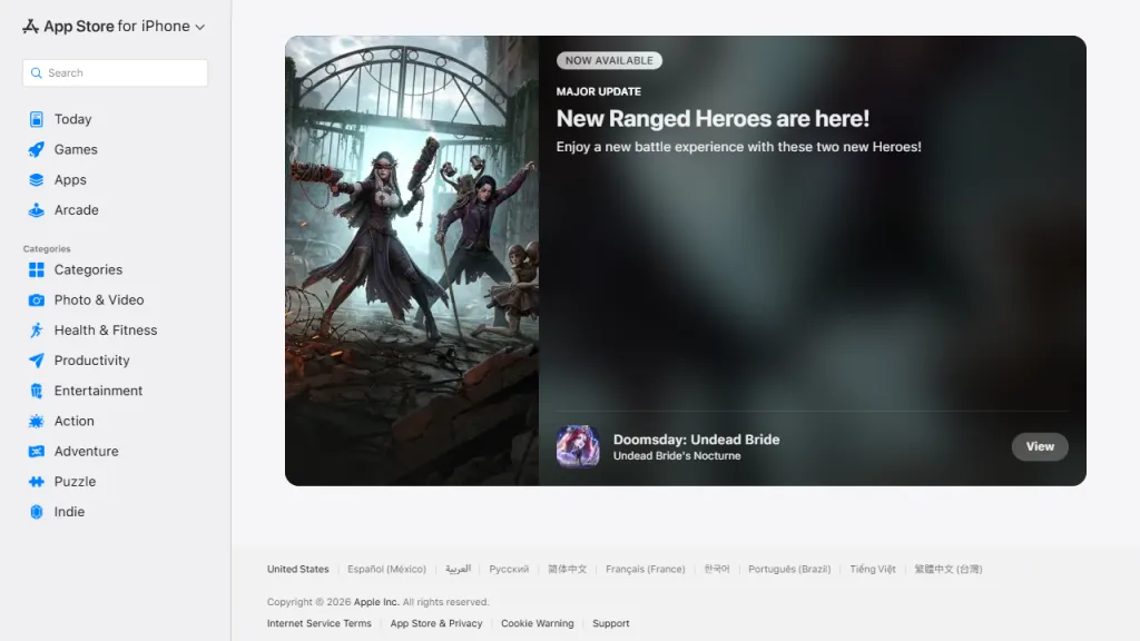 App Store card for the new ranged heroes showing NOW AVAILABLE.