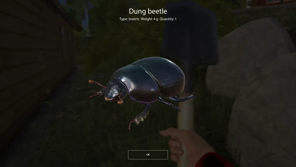 Оригинальное окно добычи РР4: Dung beetle, Quantity 1, кнопка OK