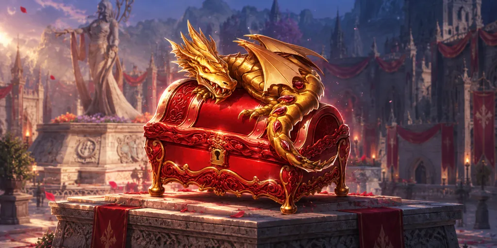 Красный сундук с золотым драконом на площади Lineage II — иллюстрация к наградам Пути к величию