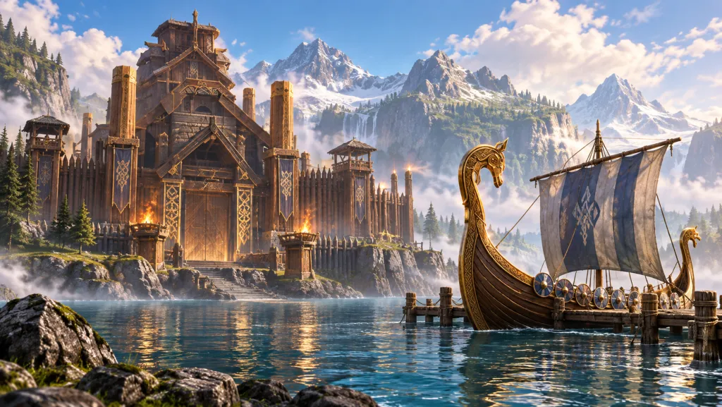 Крепость племени и корабль с резным носом у берега в мире Viking Rise