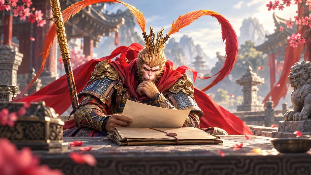 Сунь Укун с золотым посохом рассматривает папку с материалами Watcher of Realms