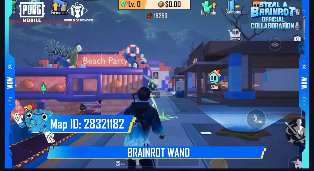 Brainrot Wand в действии на площадке WOW с сохранённым игровым интерфейсом