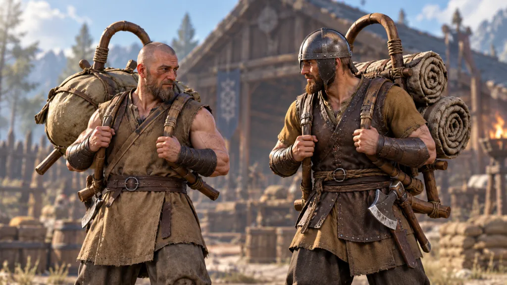 Два носильщика Viking Rise: T1 с мешком и T3 в шлеме с двумя свёртками