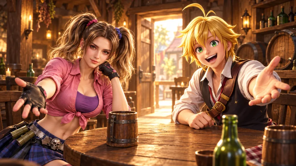 Герои Doomsday и Seven Deadly Sins встречают вернувшегося игрока в таверне — ИИ-иллюстрация.