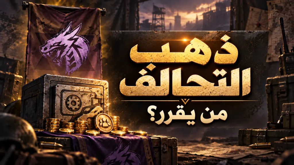 خزنة ذهب وعلم تحالف أرجواني مع عنوان عربي: ذهب التحالف، من يقرر؟