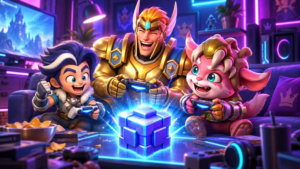 Персонажи Lords Mobile с контроллерами вокруг светящегося куба: ИИ-иллюстрация по официальному баннеру Twitch Drops.