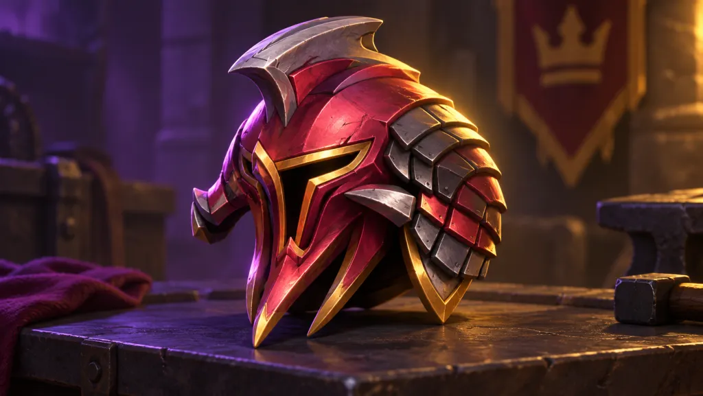 Красный охотничий шлем Hunting Helm с золотой окантовкой на столе экипировки
