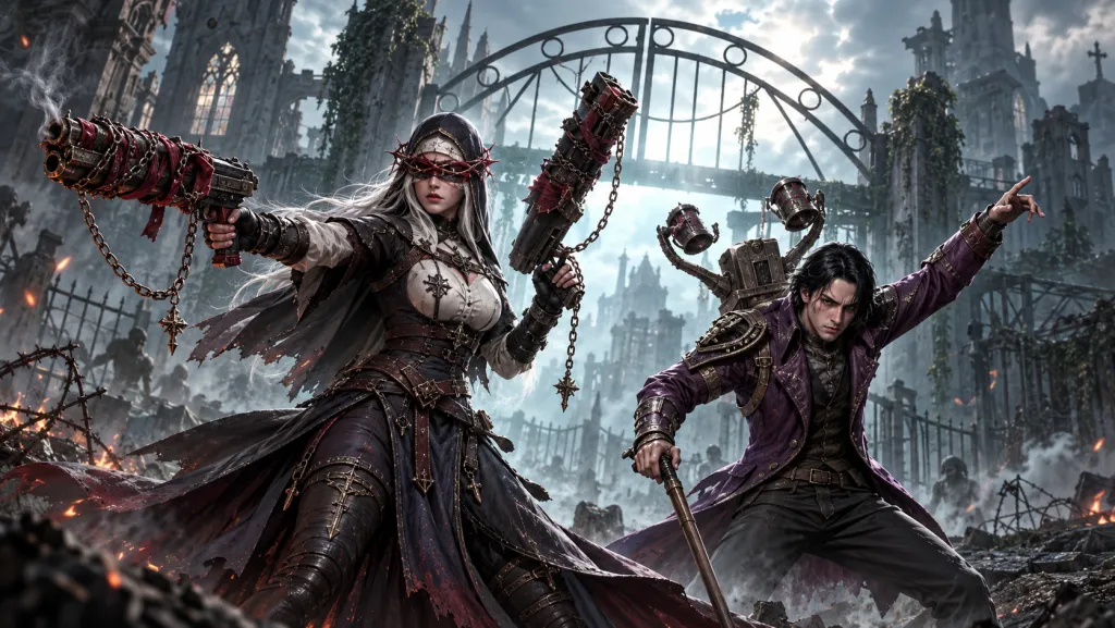 White-haired Valeria and Sebastian in a purple coat beside ruined gates.