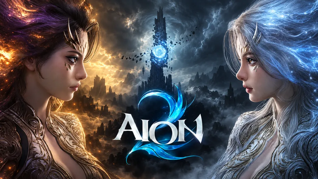 Персонажи AION 2 в тёплом и холодном свете по сторонам центральной башни