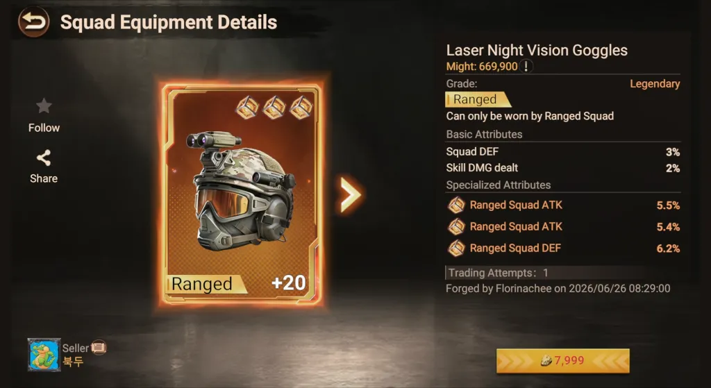 Карточка Laser Night Vision Goggles +20 в Doomsday: Trading Attempts 1, характеристики стрелков и цена 7 999 Gold.
