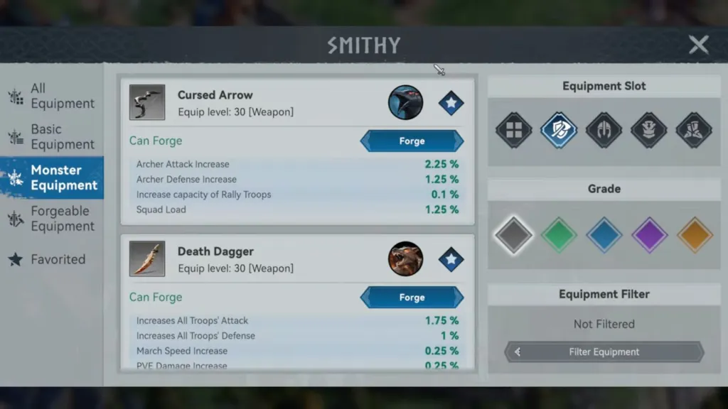 Smithy: Cursed Arrow, категория Monster Equipment, слот оружия и отдельный фильтр Grade