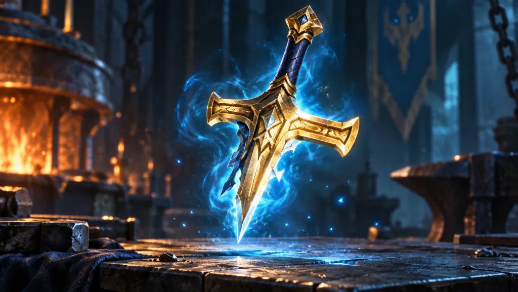 Золотая реликвия Hallowed Hilt из RAID с синим свечением над кузнечным столом — художественная иллюстрация.