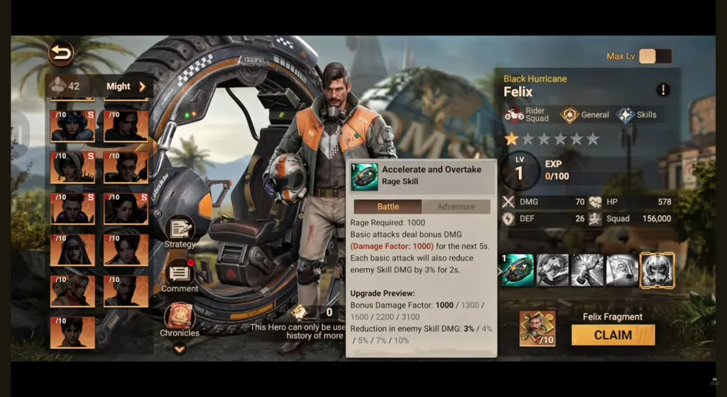 Felix's Accelerate and Overtake card: 1,000 Rage, a five-second boost and two-second skill damage reduction.