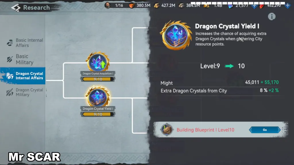 Dragon Crystal Yield I уровня 9: будущие плюс 2 процента и требование Building Blueprint I уровня 10