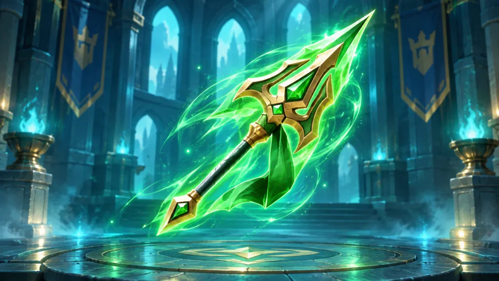 Зелёно-золотая Bloodrush Halberd из Lords Mobile в бирюзовом зале