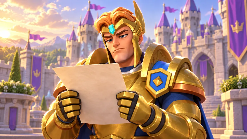 Рыцарь Lords Mobile в золотом доспехе читает лист перед замком с фиолетовыми башнями.